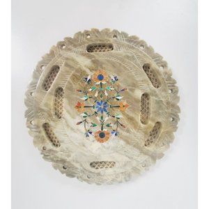 Marble Inlay 8" Plate Semi Precious Stone Pietra Dura Home Decor